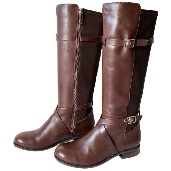 Cole Haan Knee High Riding Boots Brown Leather & Fabric Panel - Women's 7.5B - Picture 1 of 9